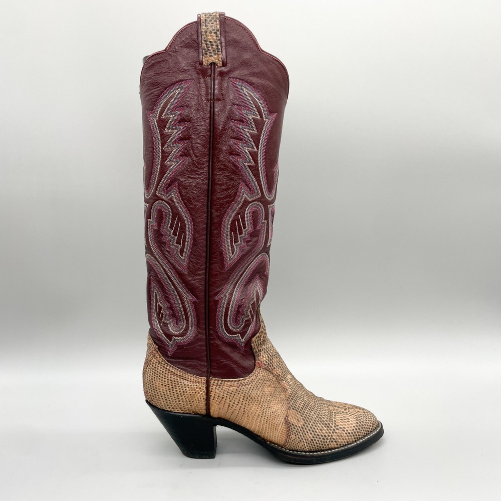 VTG Cutter Bill Boots Womens 260 6B Western Cowboy Lizard Skin Burgundy Leather